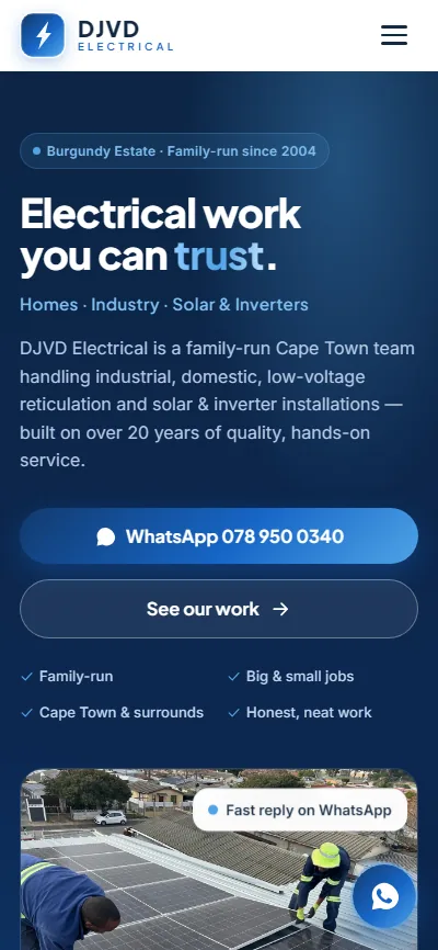 DJVD Electrical website — mobile view