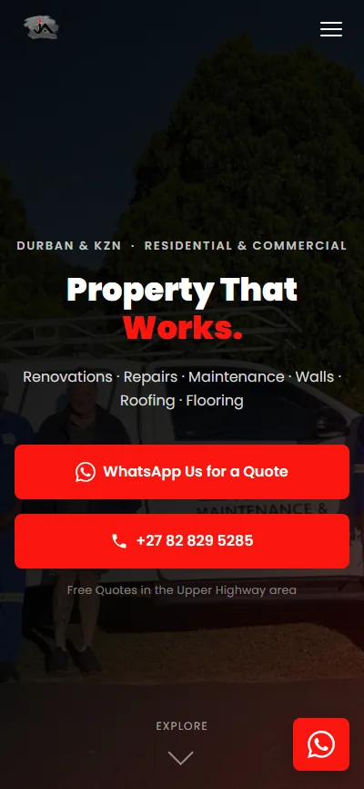 J.A. Property Maintenance website — mobile view