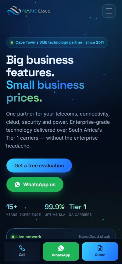 NanoCloud website — mobile view